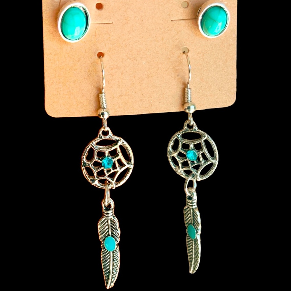 BOGO Turquoise Studs Silver Blue Crystal Dreamcatcher Leaf Dangle Boho Earrings
